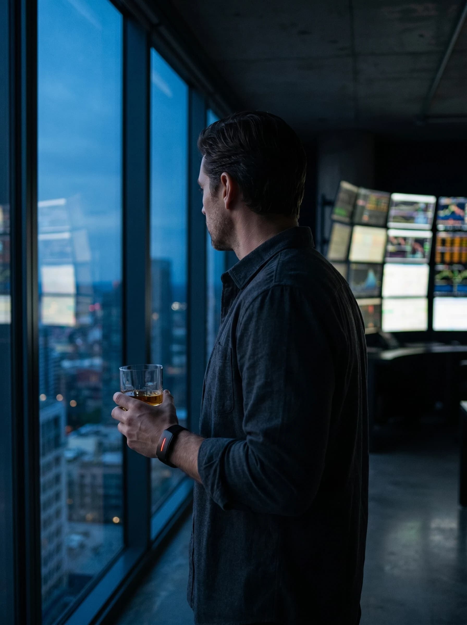 Man wearing BioSync with a red status light, stepping away from his trading screens to look over the city