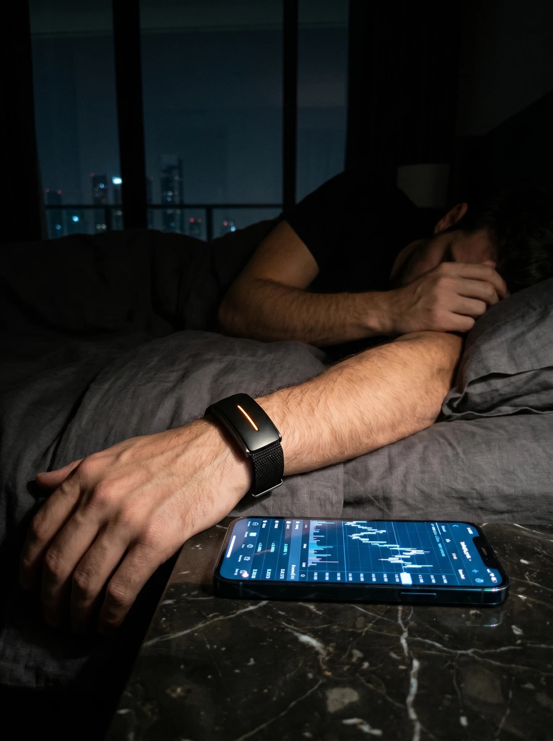 BioSync with an amber status light on a wrist beside a glowing phone chart at night