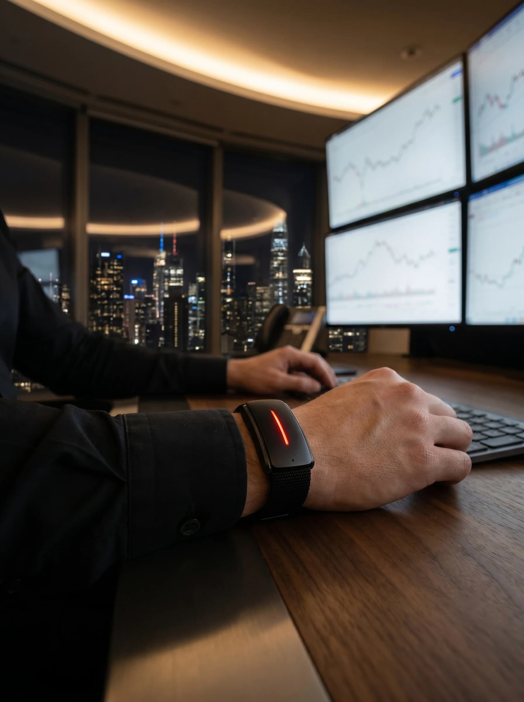 BioSync with a red status light on a trader's wrist at a multi-monitor trading desk